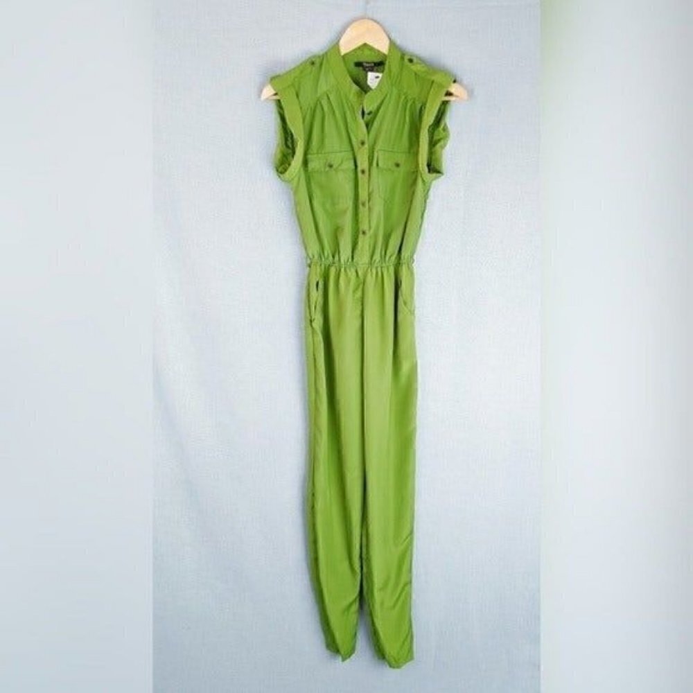 Toxik 3 Green High Rise Button front Cuffed short sleeve Romper Womens small NEW - Picture 2 of 9